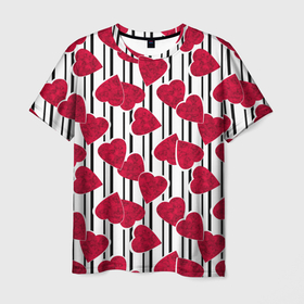 Мужская футболка 3D с принтом Вырезанные мраморный сердца на черно белом полосатом фоне в Белгороде, 100% полиэфир | прямой крой, круглый вырез горловины, длина до линии бедер | Тематика изображения на принте: 