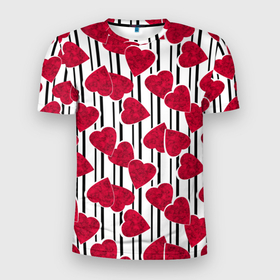Мужская футболка 3D Slim с принтом Вырезанные мраморный сердца на черно белом полосатом фоне в Белгороде, 100% полиэстер с улучшенными характеристиками | приталенный силуэт, круглая горловина, широкие плечи, сужается к линии бедра | 