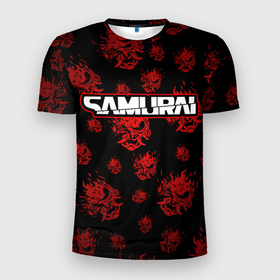 Мужская футболка 3D Slim с принтом Samurai   Красный паттерн   Cyberpunk в Екатеринбурге, 100% полиэстер с улучшенными характеристиками | приталенный силуэт, круглая горловина, широкие плечи, сужается к линии бедра | 