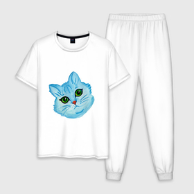 Мужская пижама хлопок с принтом Рисунок Синий кот в Екатеринбурге, 100% хлопок | брюки и футболка прямого кроя, без карманов, на брюках мягкая резинка на поясе и по низу штанин
 | 