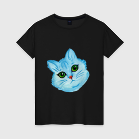 Женская футболка хлопок с принтом Рисунок Синий кот в Екатеринбурге, 100% хлопок | прямой крой, круглый вырез горловины, длина до линии бедер, слегка спущенное плечо | 
