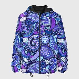 Мужская куртка 3D с принтом Фиолетовые цветы узор в Белгороде, ткань верха — 100% полиэстер, подклад — флис | прямой крой, подол и капюшон оформлены резинкой с фиксаторами, два кармана без застежек по бокам, один большой потайной карман на груди. Карман на груди застегивается на липучку | 