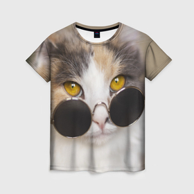 Женская футболка 3D с принтом Кот в темных очках в Санкт-Петербурге, 100% полиэфир ( синтетическое хлопкоподобное полотно) | прямой крой, круглый вырез горловины, длина до линии бедер | 