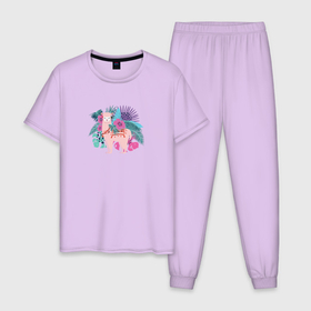Мужская пижама хлопок с принтом Розовая альпака с тропическими листьями в Кировске, 100% хлопок | брюки и футболка прямого кроя, без карманов, на брюках мягкая резинка на поясе и по низу штанин
 | 