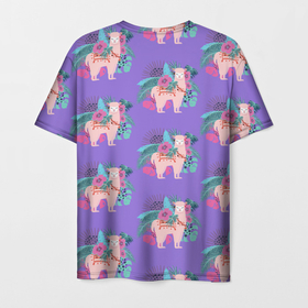 Мужская футболка 3D с принтом Розовая альпака с тропическими листьями и цветами , 100% полиэфир | прямой крой, круглый вырез горловины, длина до линии бедер | 