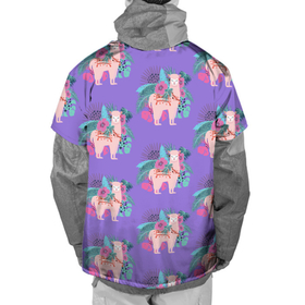 Накидка на куртку 3D с принтом Розовая альпака с тропическими листьями и цветами в Тюмени, 100% полиэстер |  | Тематика изображения на принте: 