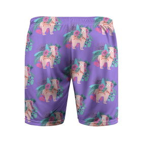 Мужские шорты спортивные с принтом Розовая альпака с тропическими листьями и цветами в Курске,  |  | Тематика изображения на принте: 