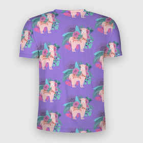 Мужская футболка 3D Slim с принтом Розовая альпака с тропическими листьями и цветами в Курске, 100% полиэстер с улучшенными характеристиками | приталенный силуэт, круглая горловина, широкие плечи, сужается к линии бедра | 