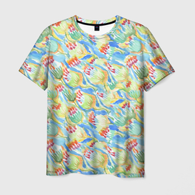 Мужская футболка 3D с принтом Акварельный узор с зеленью и красными бутонами в Тюмени, 100% полиэфир | прямой крой, круглый вырез горловины, длина до линии бедер | 