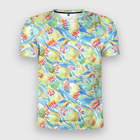 Мужская футболка 3D Slim с принтом Акварельный узор с зеленью и красными бутонами в Екатеринбурге, 100% полиэстер с улучшенными характеристиками | приталенный силуэт, круглая горловина, широкие плечи, сужается к линии бедра | 