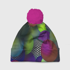 Шапка 3D c помпоном с принтом Трехмерные разноцветные шары в Тюмени, 100% полиэстер | универсальный размер, печать по всей поверхности изделия | 