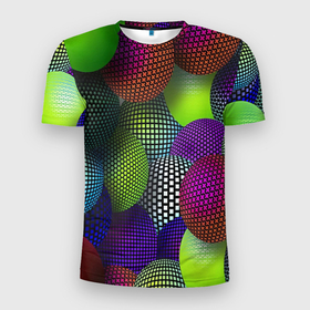 Мужская футболка 3D Slim с принтом Трехмерные разноцветные шары в Петрозаводске, 100% полиэстер с улучшенными характеристиками | приталенный силуэт, круглая горловина, широкие плечи, сужается к линии бедра | 