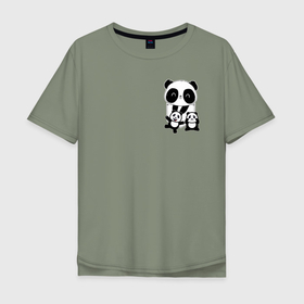 Мужская футболка хлопок Oversize с принтом Панда с малышами в кармане в Тюмени, 100% хлопок | свободный крой, круглый ворот, “спинка” длиннее передней части | 