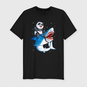 Мужская футболка хлопок Slim с принтом Панда верхом на акуле в космосе в Новосибирске, 92% хлопок, 8% лайкра | приталенный силуэт, круглый вырез ворота, длина до линии бедра, короткий рукав | Тематика изображения на принте: 