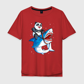 Мужская футболка хлопок Oversize с принтом Панда верхом на акуле в космосе в Санкт-Петербурге, 100% хлопок | свободный крой, круглый ворот, “спинка” длиннее передней части | Тематика изображения на принте: 