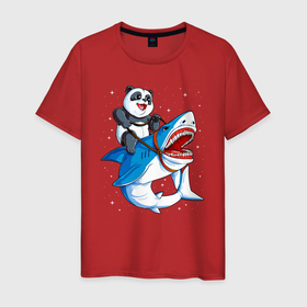 Мужская футболка хлопок с принтом Панда верхом на акуле в космосе в Курске, 100% хлопок | прямой крой, круглый вырез горловины, длина до линии бедер, слегка спущенное плечо. | 