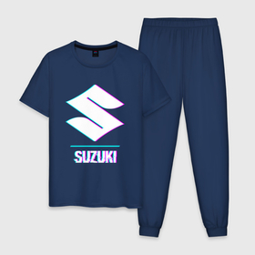 Мужская пижама хлопок с принтом Значок Suzuki в стиле glitch в Екатеринбурге, 100% хлопок | брюки и футболка прямого кроя, без карманов, на брюках мягкая резинка на поясе и по низу штанин
 | 