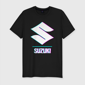 Мужская футболка хлопок Slim с принтом Значок Suzuki в стиле glitch в Екатеринбурге, 92% хлопок, 8% лайкра | приталенный силуэт, круглый вырез ворота, длина до линии бедра, короткий рукав | 