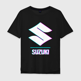 Мужская футболка хлопок Oversize с принтом Значок Suzuki в стиле glitch в Екатеринбурге, 100% хлопок | свободный крой, круглый ворот, “спинка” длиннее передней части | 