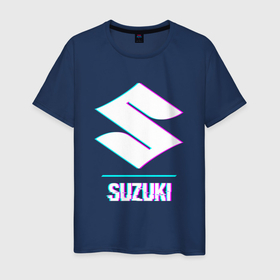 Мужская футболка хлопок с принтом Значок Suzuki в стиле glitch в Петрозаводске, 100% хлопок | прямой крой, круглый вырез горловины, длина до линии бедер, слегка спущенное плечо. | 