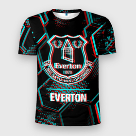 Мужская футболка 3D Slim с принтом Everton FC в стиле glitch на темном фоне в Петрозаводске, 100% полиэстер с улучшенными характеристиками | приталенный силуэт, круглая горловина, широкие плечи, сужается к линии бедра | Тематика изображения на принте: 