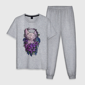 Мужская пижама хлопок с принтом Cat dreamcatcher в Белгороде, 100% хлопок | брюки и футболка прямого кроя, без карманов, на брюках мягкая резинка на поясе и по низу штанин
 | 