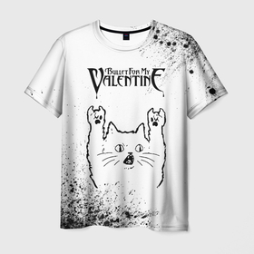 Мужская футболка 3D с принтом Bullet For My Valentine рок кот на светлом фоне в Екатеринбурге, 100% полиэфир | прямой крой, круглый вырез горловины, длина до линии бедер | 