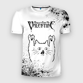 Мужская футболка 3D Slim с принтом Bullet For My Valentine рок кот на светлом фоне в Санкт-Петербурге, 100% полиэстер с улучшенными характеристиками | приталенный силуэт, круглая горловина, широкие плечи, сужается к линии бедра | Тематика изображения на принте: 