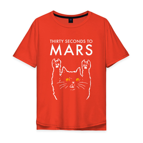 Мужская футболка хлопок Oversize с принтом Thirty Seconds to Mars rock cat в Рязани, 100% хлопок | свободный крой, круглый ворот, “спинка” длиннее передней части | 