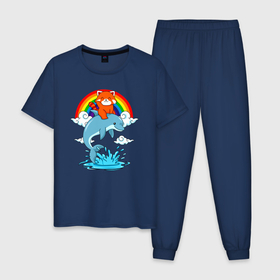 Мужская пижама хлопок с принтом Красная панда верхом на дельфине в Санкт-Петербурге, 100% хлопок | брюки и футболка прямого кроя, без карманов, на брюках мягкая резинка на поясе и по низу штанин
 | 