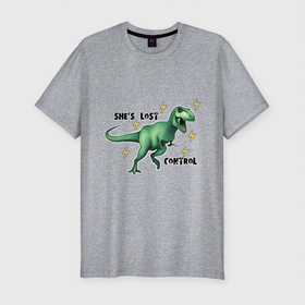 Мужская футболка хлопок Slim с принтом Динозавр с ножом она потеряла контроль в Тюмени, 92% хлопок, 8% лайкра | приталенный силуэт, круглый вырез ворота, длина до линии бедра, короткий рукав | 