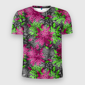Мужская футболка 3D Slim с принтом Цветочный узор в бордовых и зеленых тонах Ретро в Белгороде, 100% полиэстер с улучшенными характеристиками | приталенный силуэт, круглая горловина, широкие плечи, сужается к линии бедра | 