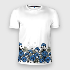 Мужская футболка 3D Slim с принтом Синий цветочный узор  кайма в Белгороде, 100% полиэстер с улучшенными характеристиками | приталенный силуэт, круглая горловина, широкие плечи, сужается к линии бедра | 