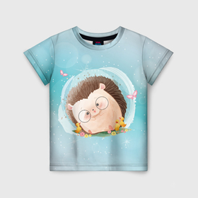 Детская футболка 3D с принтом Ёжик и бабочки в Екатеринбурге, 100% гипоаллергенный полиэфир | прямой крой, круглый вырез горловины, длина до линии бедер, чуть спущенное плечо, ткань немного тянется | 