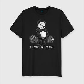Мужская футболка хлопок Slim с принтом Это настоящая борьба   панда штангист в Екатеринбурге, 92% хлопок, 8% лайкра | приталенный силуэт, круглый вырез ворота, длина до линии бедра, короткий рукав | 
