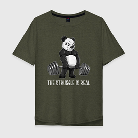 Мужская футболка хлопок Oversize с принтом Это настоящая борьба   панда штангист в Тюмени, 100% хлопок | свободный крой, круглый ворот, “спинка” длиннее передней части | 