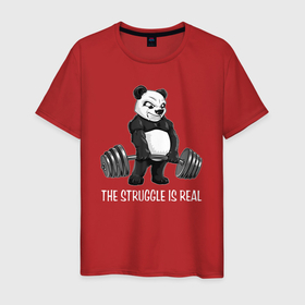 Мужская футболка хлопок с принтом Это настоящая борьба   панда штангист , 100% хлопок | прямой крой, круглый вырез горловины, длина до линии бедер, слегка спущенное плечо. | 