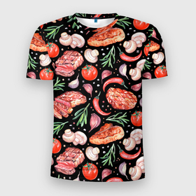 Мужская футболка 3D Slim с принтом Мясо, помидоры, шампиньоны , 100% полиэстер с улучшенными характеристиками | приталенный силуэт, круглая горловина, широкие плечи, сужается к линии бедра | 