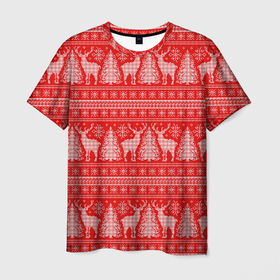 Мужская футболка 3D с принтом Новогодний узор с оленями, елками и снежинками в Курске, 100% полиэфир | прямой крой, круглый вырез горловины, длина до линии бедер | Тематика изображения на принте: 