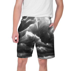 Мужские шорты 3D с принтом Молнии в черных тучах в Тюмени,  полиэстер 100% | прямой крой, два кармана без застежек по бокам. Мягкая трикотажная резинка на поясе, внутри которой широкие завязки. Длина чуть выше колен | 