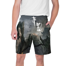 Мужские шорты 3D с принтом Happy Halloween   Castle в Тюмени,  полиэстер 100% | прямой крой, два кармана без застежек по бокам. Мягкая трикотажная резинка на поясе, внутри которой широкие завязки. Длина чуть выше колен | Тематика изображения на принте: 