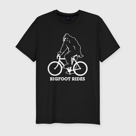 Мужская футболка хлопок Slim с принтом Бигфут на велосипеде , 92% хлопок, 8% лайкра | приталенный силуэт, круглый вырез ворота, длина до линии бедра, короткий рукав | Тематика изображения на принте: 