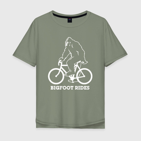 Мужская футболка хлопок Oversize с принтом Бигфут на велосипеде в Екатеринбурге, 100% хлопок | свободный крой, круглый ворот, “спинка” длиннее передней части | 