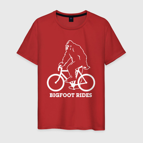 Мужская футболка хлопок с принтом Бигфут на велосипеде , 100% хлопок | прямой крой, круглый вырез горловины, длина до линии бедер, слегка спущенное плечо. | Тематика изображения на принте: 