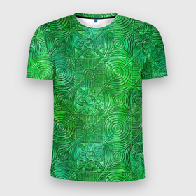 Мужская футболка 3D Slim с принтом Узорчатый зеленый стеклоблок имитация в Новосибирске, 100% полиэстер с улучшенными характеристиками | приталенный силуэт, круглая горловина, широкие плечи, сужается к линии бедра | Тематика изображения на принте: 