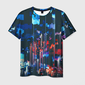 Мужская футболка 3D с принтом Огни большого города   Глитч в Санкт-Петербурге, 100% полиэфир | прямой крой, круглый вырез горловины, длина до линии бедер | Тематика изображения на принте: 