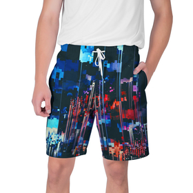 Мужские шорты 3D с принтом Огни большого города   Глитч в Санкт-Петербурге,  полиэстер 100% | прямой крой, два кармана без застежек по бокам. Мягкая трикотажная резинка на поясе, внутри которой широкие завязки. Длина чуть выше колен | 