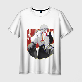 Мужская футболка 3D с принтом Человек бензопила Макима и Дэндзи , 100% полиэфир | прямой крой, круглый вырез горловины, длина до линии бедер | 