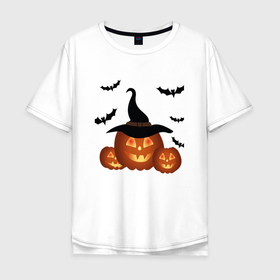 Мужская футболка хлопок Oversize с принтом Хэллоуин. Тыквы в Курске, 100% хлопок | свободный крой, круглый ворот, “спинка” длиннее передней части | 