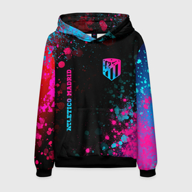 Мужская толстовка 3D с принтом Atletico Madrid   neon gradient: надпись, символ в Курске, 100% полиэстер | двухслойный капюшон со шнурком для регулировки, мягкие манжеты на рукавах и по низу толстовки, спереди карман-кенгуру с мягким внутренним слоем. | Тематика изображения на принте: 